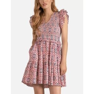 ELAN WOMENS XLARGE RUFFLE SLEEVE MINI DRESS LAVENDER IKAT PRINT NEW